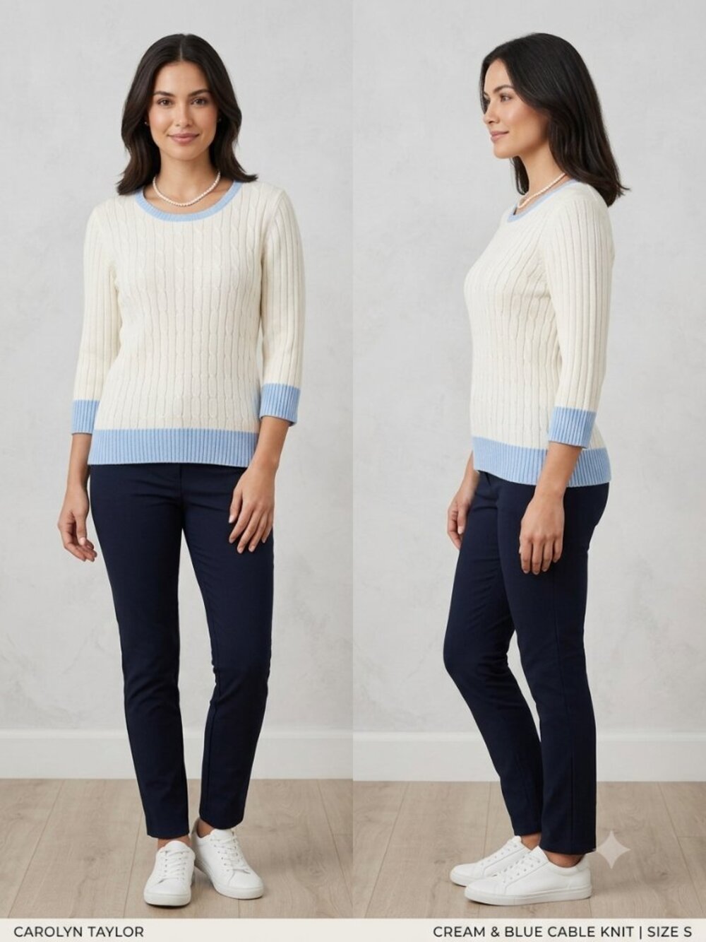 Carolyn Taylor Cable Knit White 3/4 Sleeves with Blue Trim Sweater - Size Small